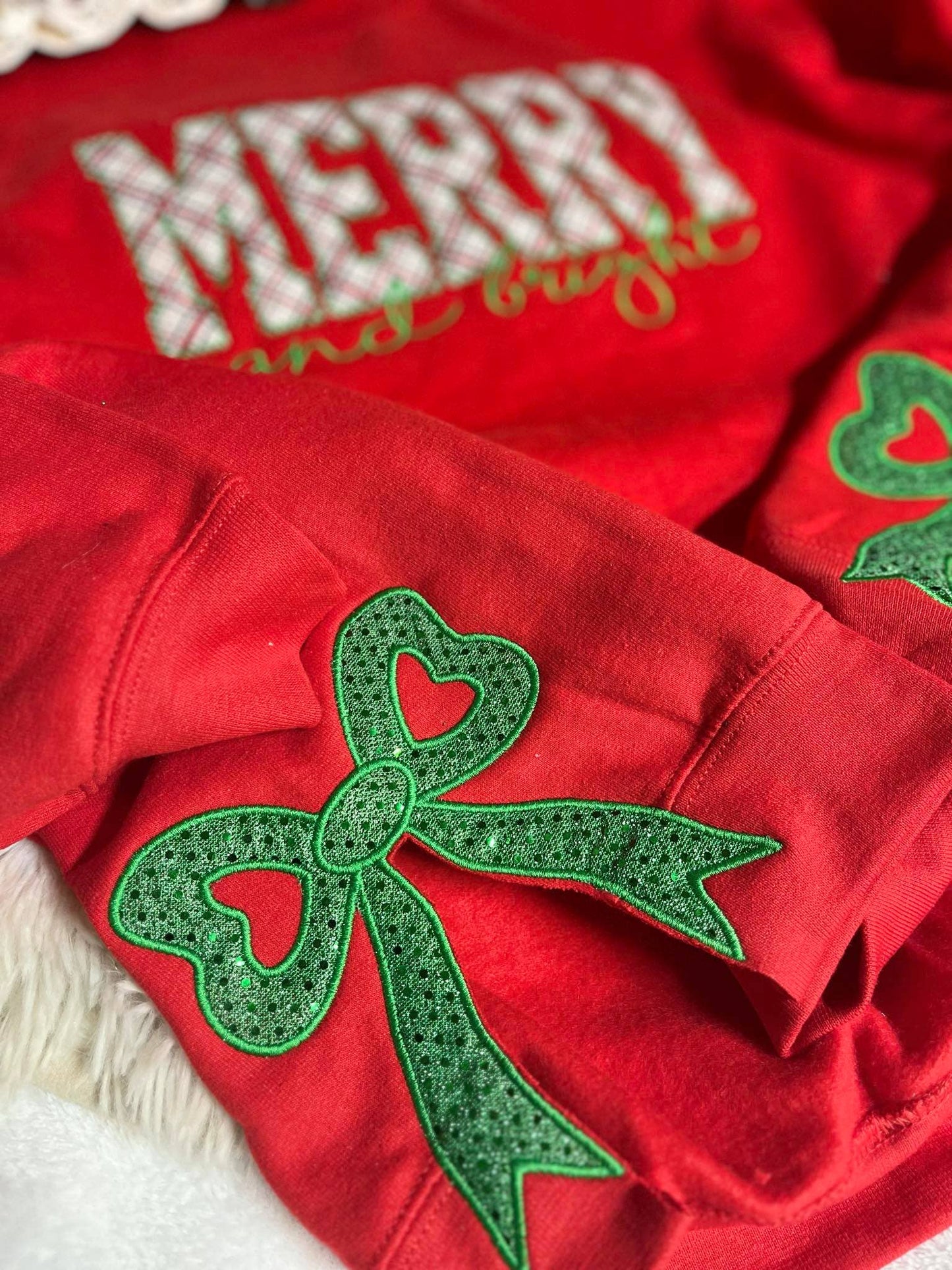 Merry and Bright Red Bow Christmas Sweatshirt