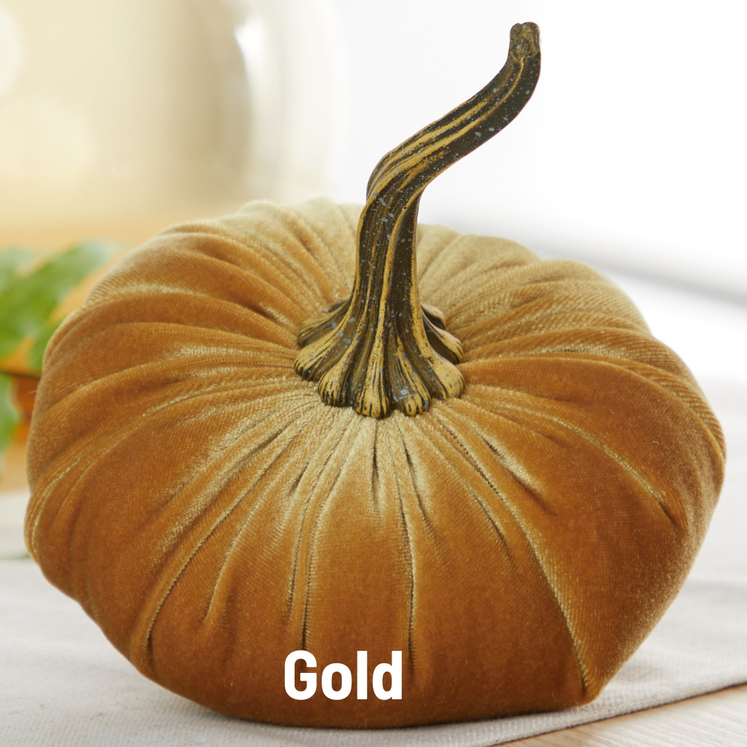 Velvet pumpkin in Fern color with realistic dark green stem; available in large size.