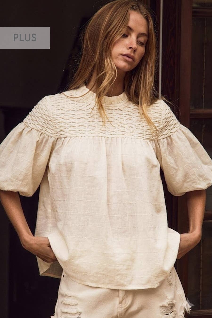 Plus Bubble Sleeve Blouse in Off White, features bubble sleeves, textured smocked yoke, wide sleeves; available in 1XL and other plus sizes. “PLUS” label shown.