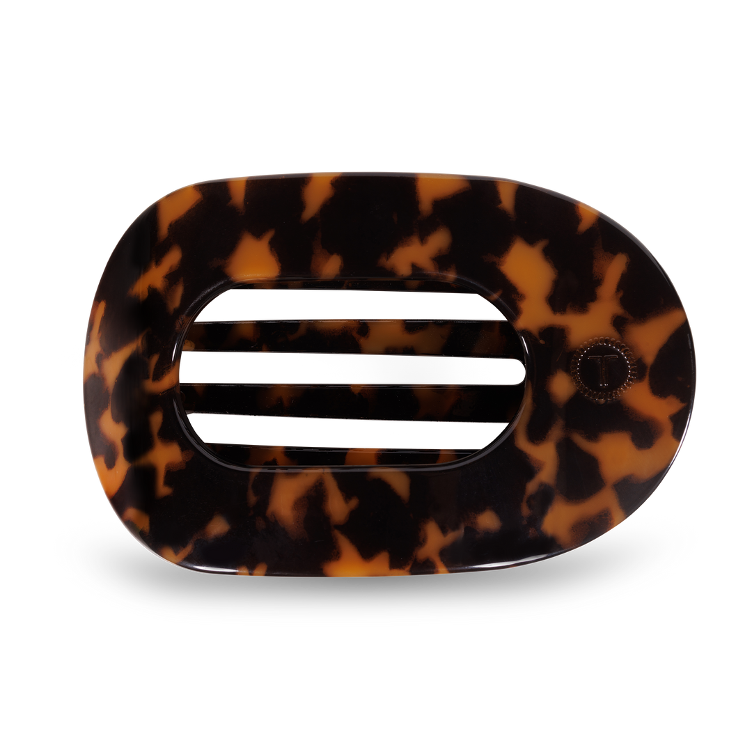 TELETIES Flat Round Hair Clip with brown/black tortoiseshell pattern, rounded edges, horizontal slats. Available in multiple sizes.