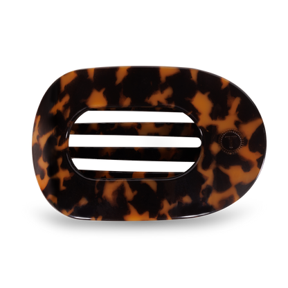 TELETIES Flat Round Hair Clip with brown/black tortoiseshell pattern, rounded edges, horizontal slats. Available in multiple sizes.