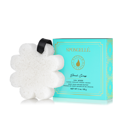 White, flower-shaped Spongellé bath sponge with black ribbon; 3 oz (85 g) size, provides 14+ uses and assorted scents.