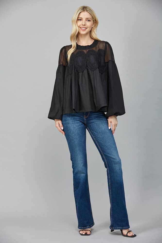 Lace Appliqué Detail Mixed Media Long Sleeve Blouse