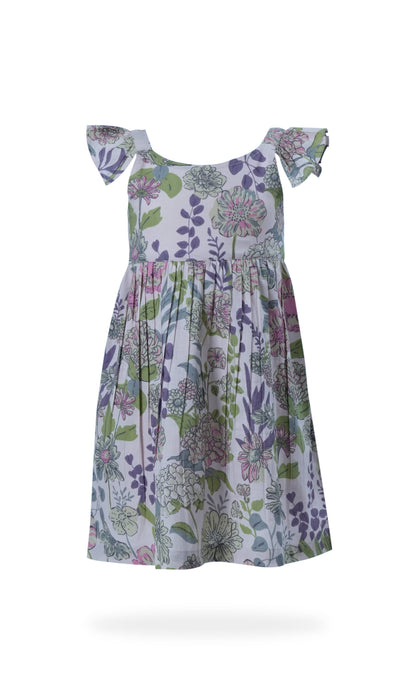 Shay Floral Dress in Lavender: sleeveless baby dress, ruffled straps, purple/green/blue floral print, flared skirt. Sizes: NB-24M.