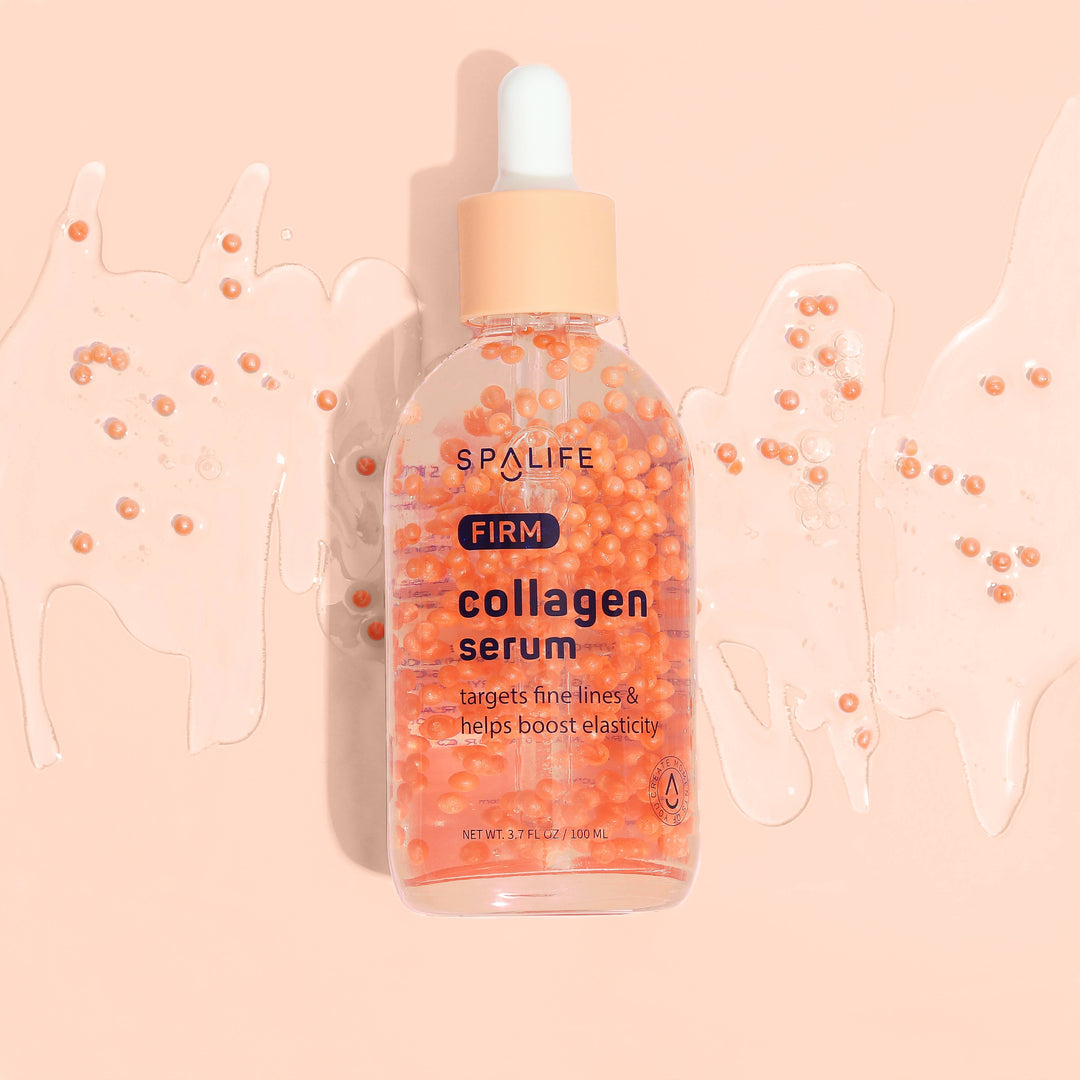 Clear dropper bottle of Korean Collagen Firming Face Serum with orange beads inside, available in 30ml and 50ml sizes.