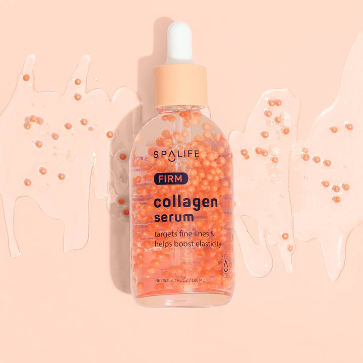 Clear dropper bottle of Korean Collagen Firming Face Serum with orange beads inside, available in 30ml and 50ml sizes.