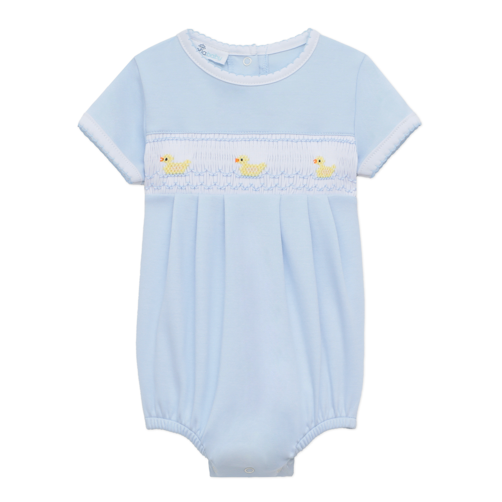 Light blue Pima cotton bubble with short sleeves, white trim, smocked ducklings, snaps; sizes NB-24M.