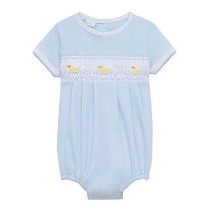 Light blue Pima cotton bubble with short sleeves, white trim, smocked ducklings, snaps; sizes NB-24M.