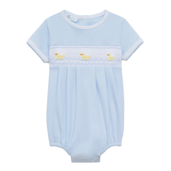Light blue Pima cotton bubble with short sleeves, white trim, smocked ducklings, snaps; sizes NB-24M.