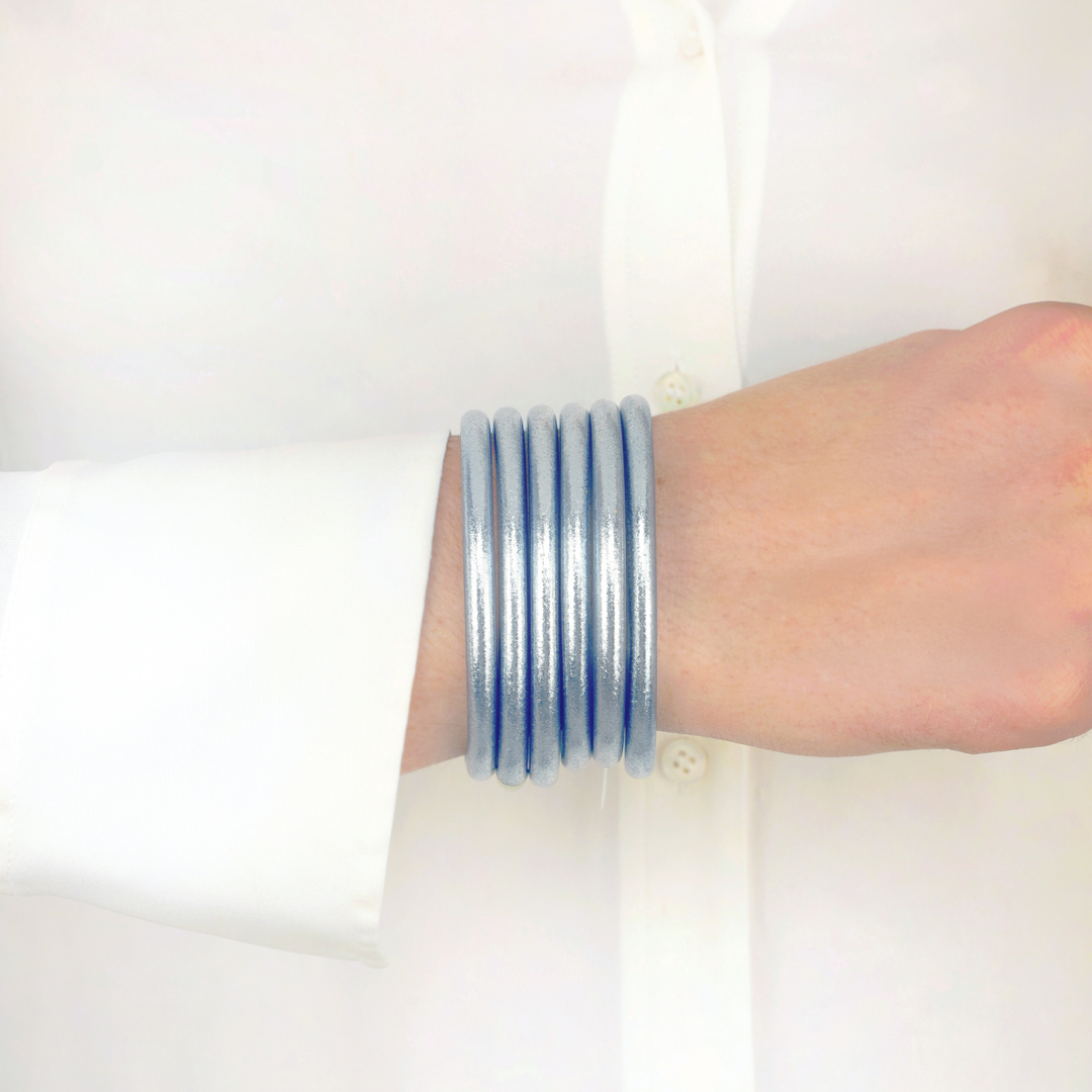 Celeste All Weather Bangles® Set of 6: shiny, metallic silver. Available in small, medium, and large sizes.