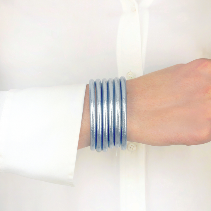 Celeste All Weather Bangles® Set of 6: shiny, metallic silver. Available in small, medium, and large sizes.