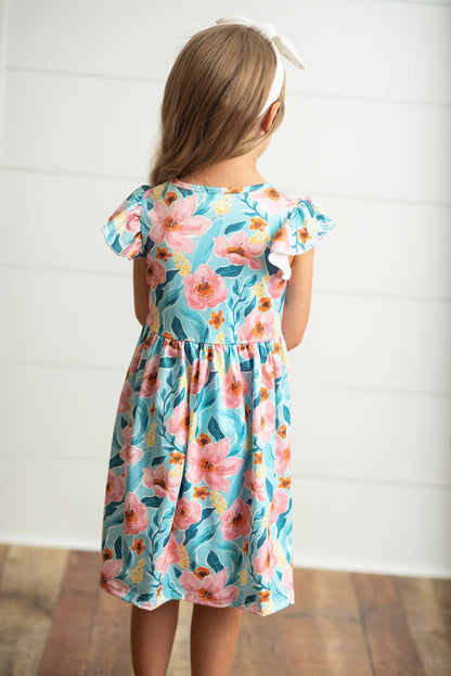 Girls Claire Pink Floral Print Twirl Dress, available in sizes 2T-10. Features pink floral pattern and twirl-ready skirt.