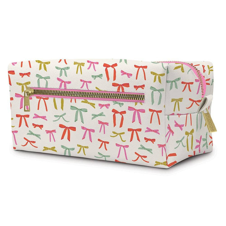 Rectangular white vegan leather pouch with colorful bows, gold zipper, side handle. Sizes: Small, Medium, Large.
