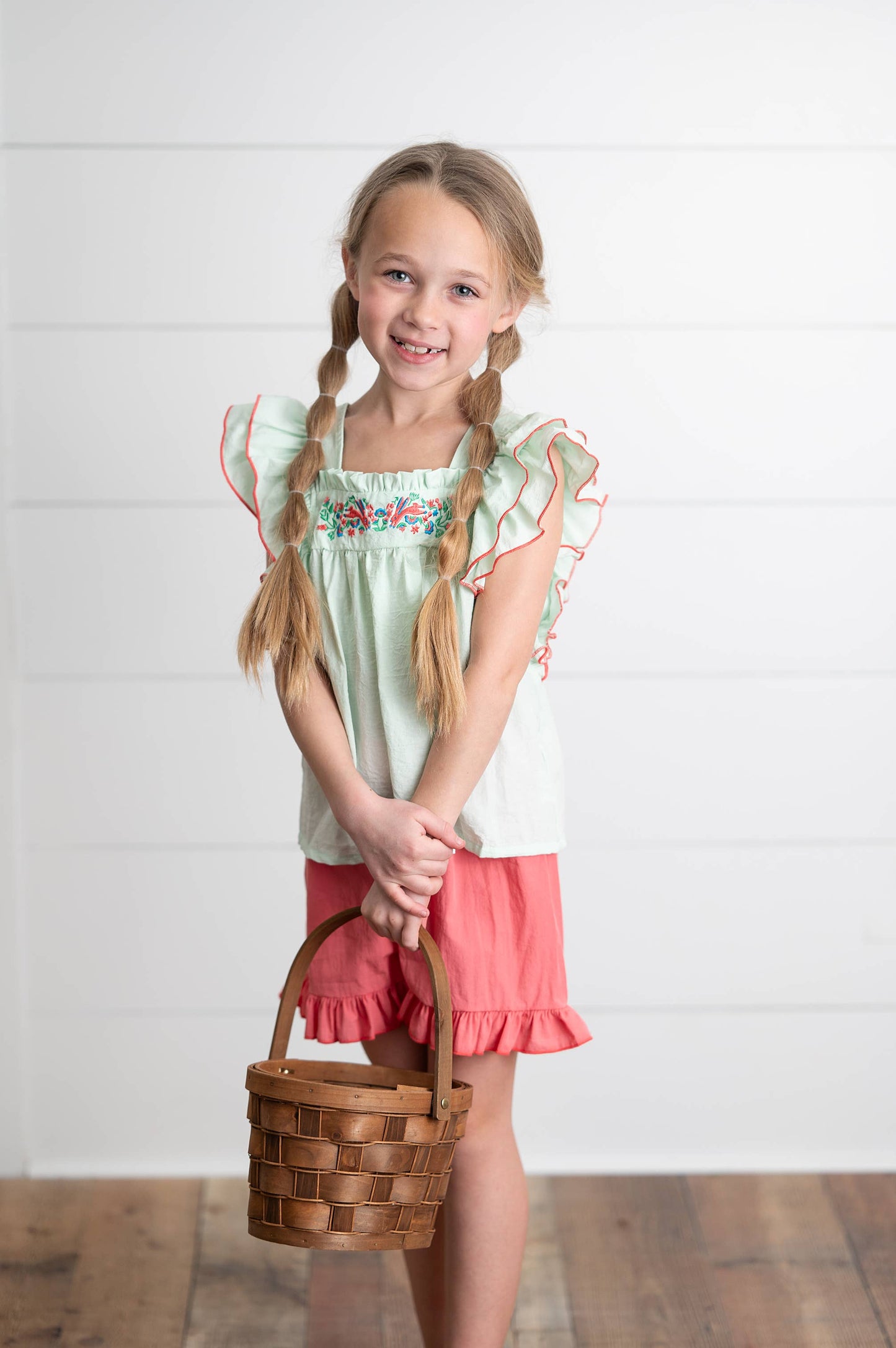 Girls Embroidered Mint Ruffle Top & Pink Short Set; sizes 2T-10 available.