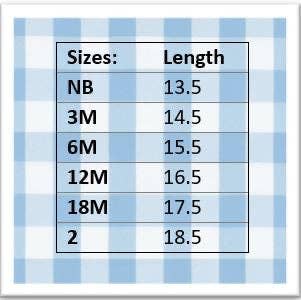 A White Collared Baby Bubble Sleeve Onesie | 3M on a blue and white checkered background displays clothing sizes ranging from nb to 2 years with corresponding lengths in inches from 13.5 to 18.