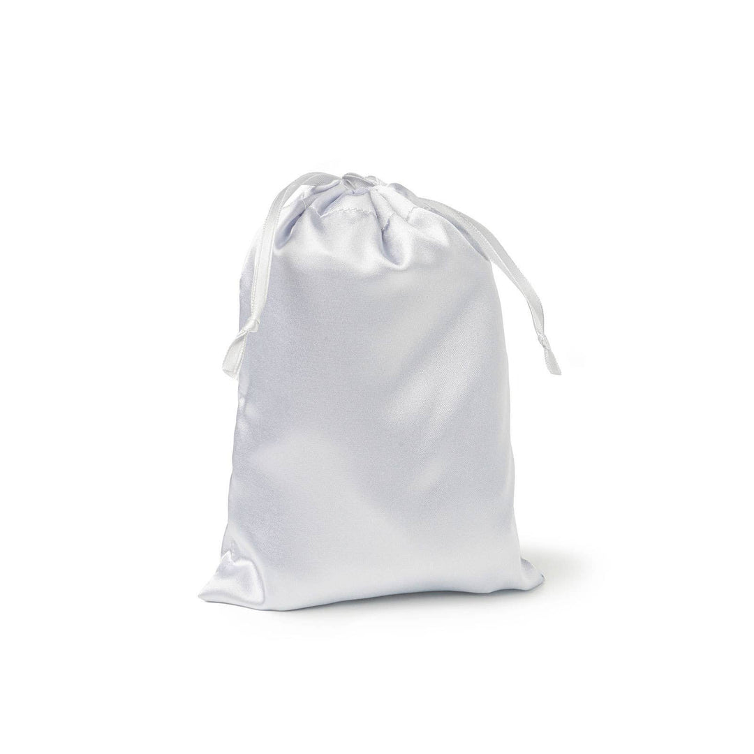 White satin drawstring pouch with a silky texture and tied ribbons; available in one size.