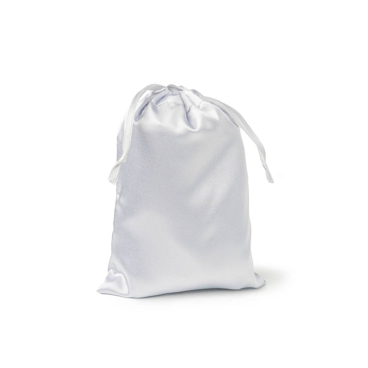 White satin drawstring pouch with a silky texture and tied ribbons; available in one size.