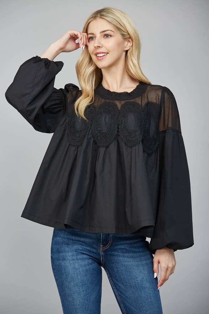 Lace Appliqué Detail Mixed Media Long Sleeve Blouse