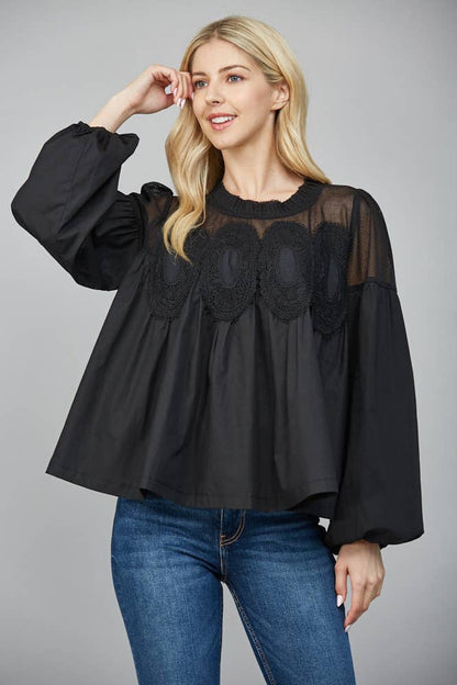 Lace Appliqué Detail Mixed Media Long Sleeve Blouse