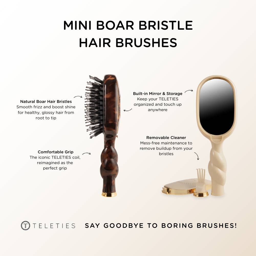 Mini Boar Brush | Tortoise hair brushes available in dark tortoise and cream with built-in mirror. Compact travel size, natural boar bristles, ergonomic grip, integrated mirror, storage compartment, and removable cleaning tool included.