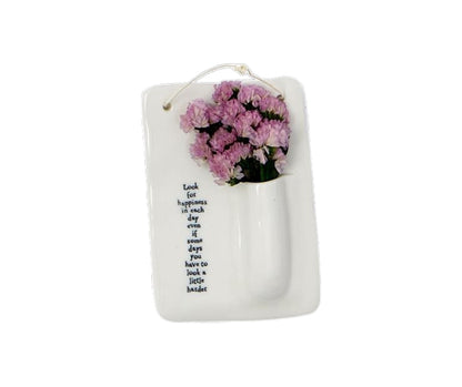 White ceramic wall vase with pink dried flowers and inspirational quote. Available sizes: small, medium, large. Gift box included.