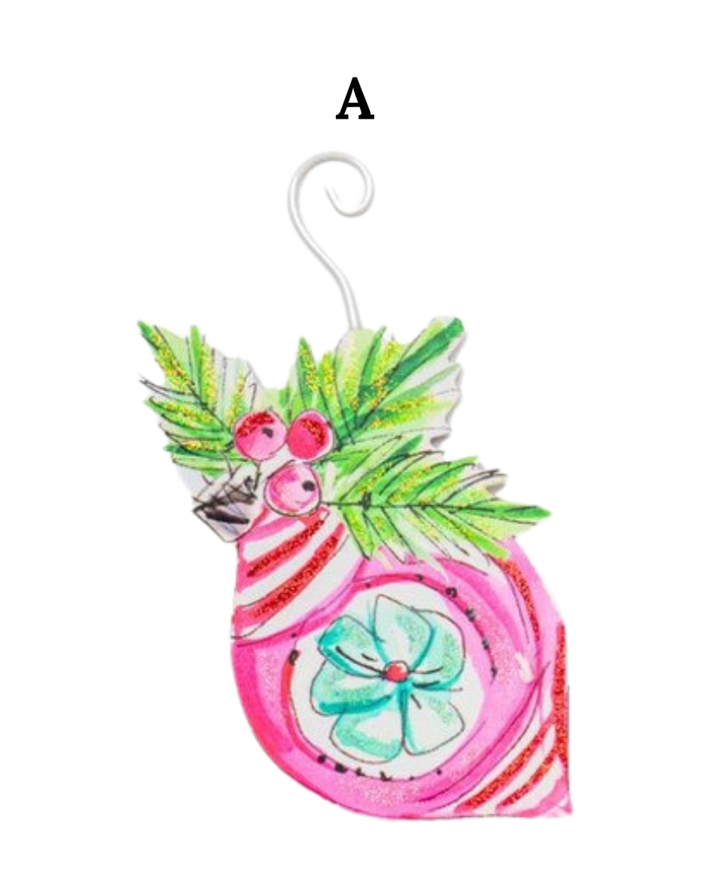 Pink bulb-shaped Beck’s Vintage Ornament featuring a teal flower, green holly leaves, and red berries. Available in various sizes.