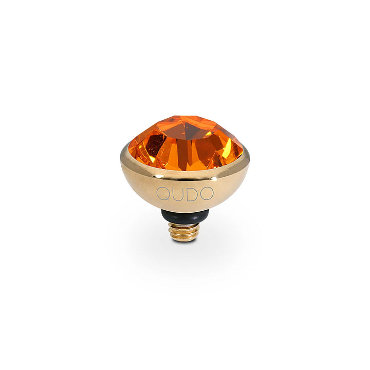 Gold-toned round charm with large faceted orange gemstone, "QUDO" engraving, and screw base. Sizes: 10mm, 11.5mm, 13mm.