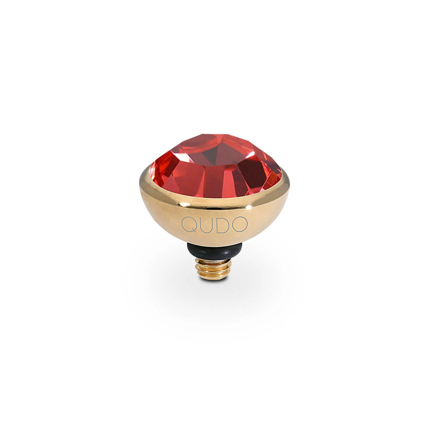 QUDO Interchangeable Tops Bottone with gold-toned charm, large faceted red crystal, "QUDO" engraved. Available in multiple sizes.