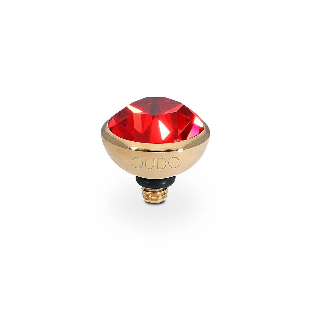 Faceted red crystal in gold screw-top ring labeled "QUDO." Handmade in Germany. Available in multiple sizes.