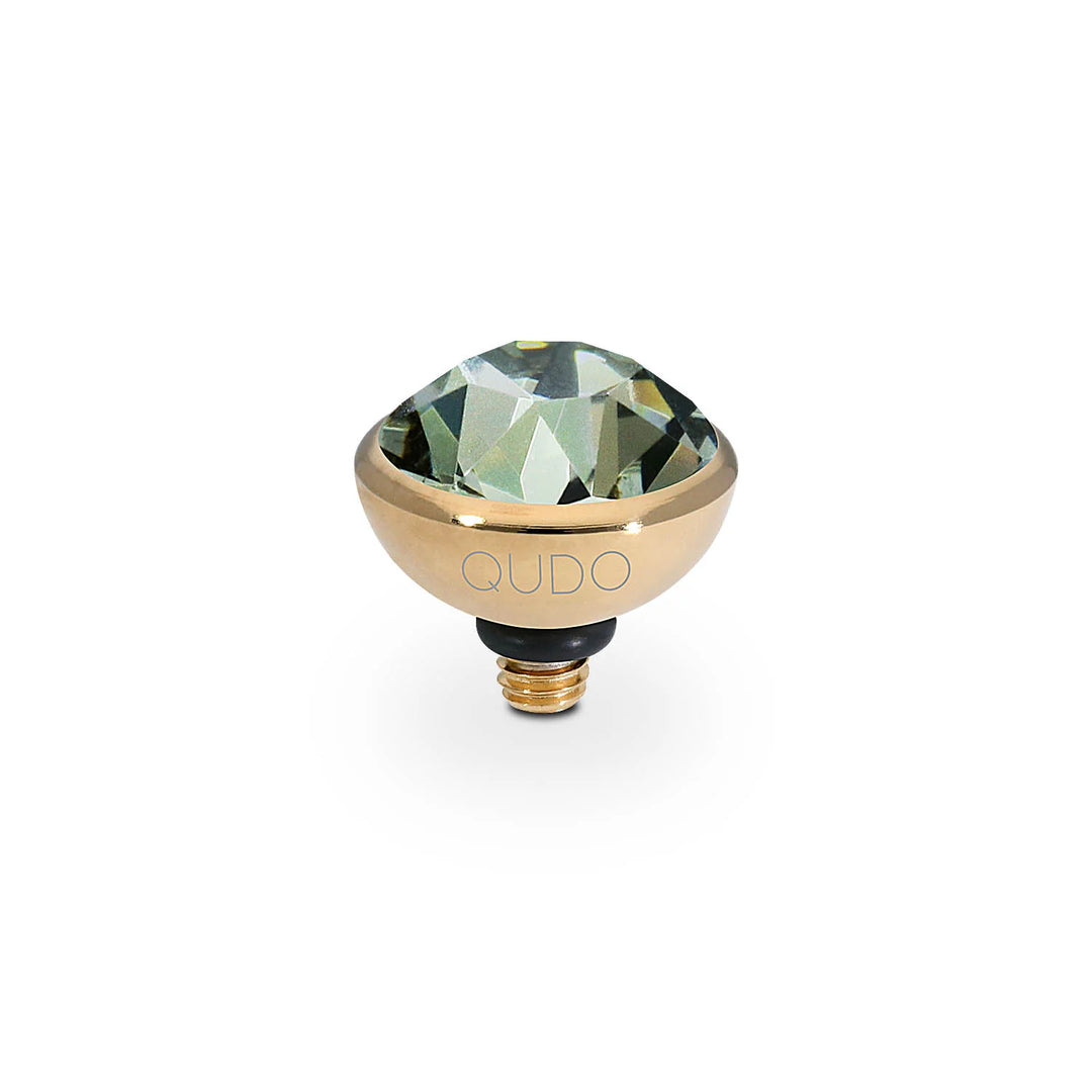 Gold-toned round charm with faceted green gemstone and "QUDO" engraving. Sizes: 10mm, 11mm, 13mm. Handmade in Germany.
