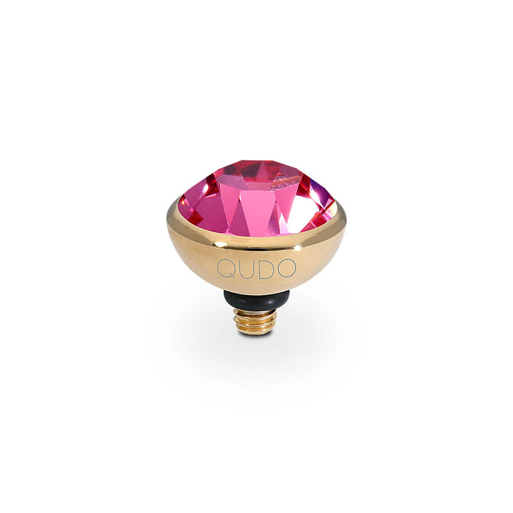 Gold and pink faceted jewel charm with "QUDO" on rim, screw attachment; available in 10mm, 11.5mm, or 13mm sizes.