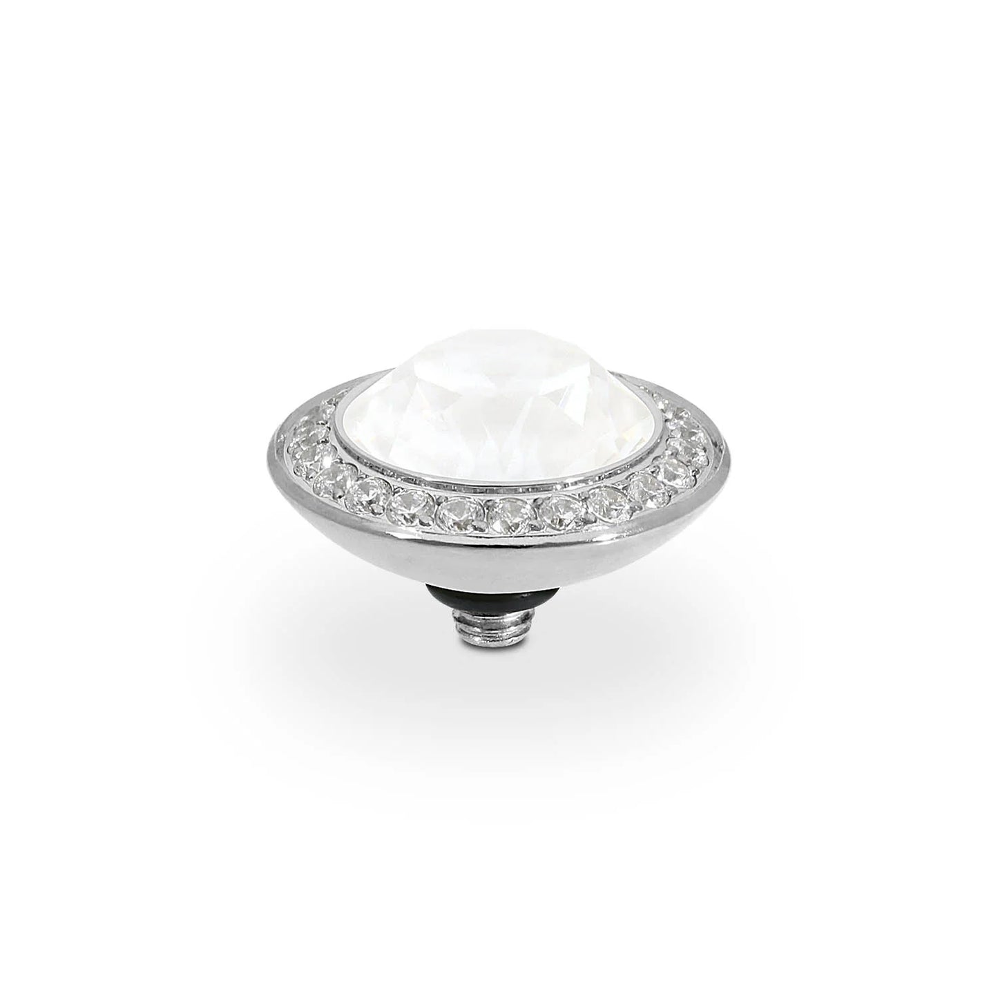 Round silver cabinet knob with large faceted center crystal, smaller crystals around. Available size: 0.51".