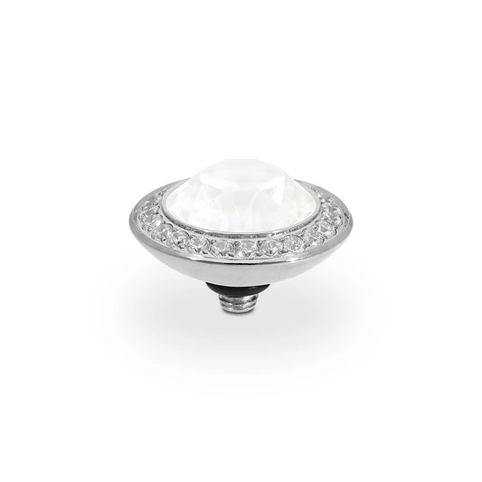 Round silver cabinet knob with large faceted center crystal, smaller crystals around. Available size: 0.51".