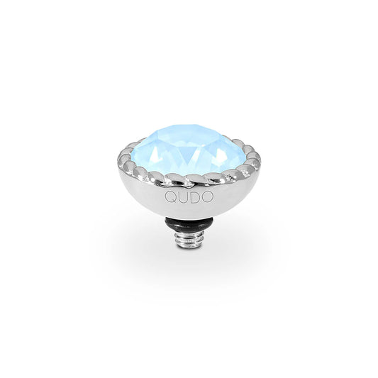 QUDO Interchangeable Tops Bocconi - Silver: Screw base, round light blue faceted crystal, metal border. Sizes: 10mm, 13mm.