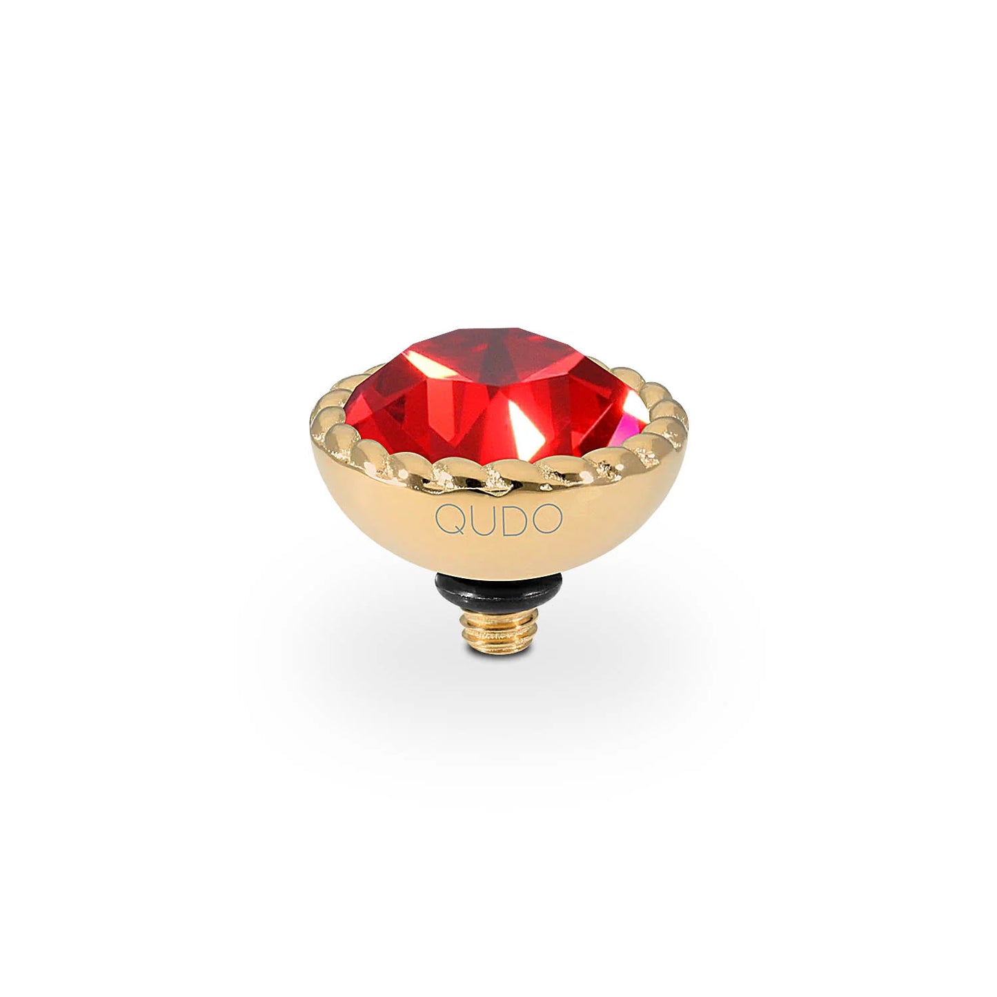Gold Bocconi by QUDO charm with round faceted red crystal center, threaded top. Available in sizes 10mm, 11.5mm, and 13mm.