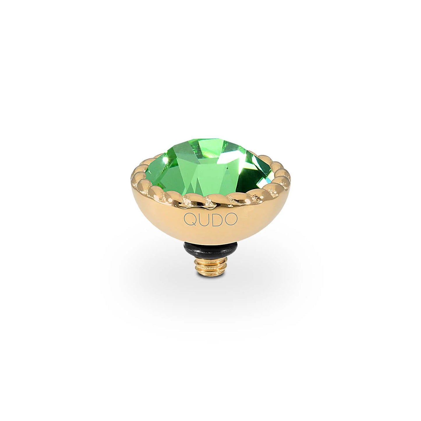 Gold-colored Bocconi screw-on charm by QUDO, green crystal, scalloped edge, "QUDO" engraving, available in multiple sizes.