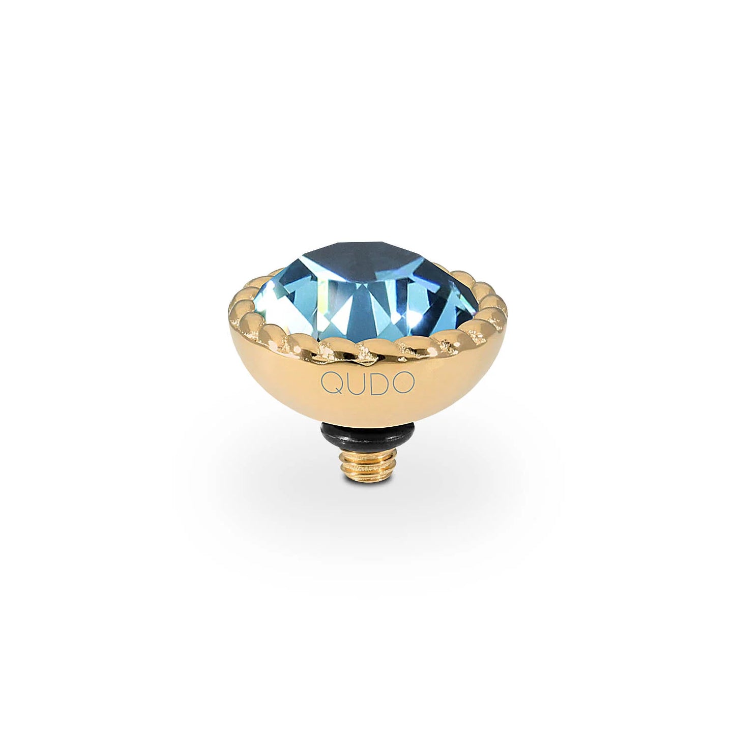 Gold-colored QUDO Bocconi charm with engraved base and large faceted blue crystal. Sizes available: 10mm, 13mm, 11.5mm.