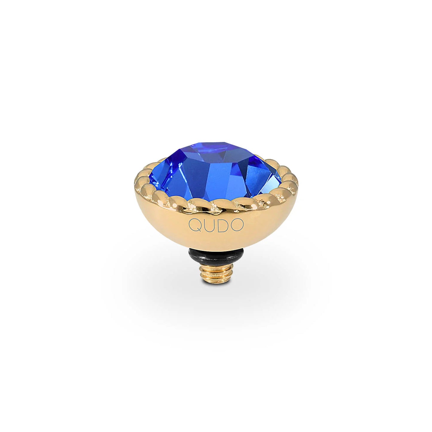 Gold-tone interchangeable Bocconi top by QUDO with large blue crystal, "QUDO" side engraving, screw base. Sizes: 10mm, 13mm.
