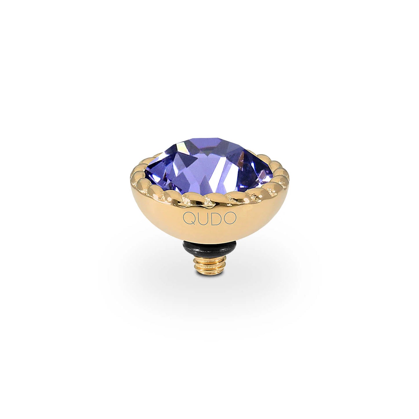 Gold stud earring with faceted purple European crystal, interchangeable top, "QUDO" etching. Available in multiple sizes.
