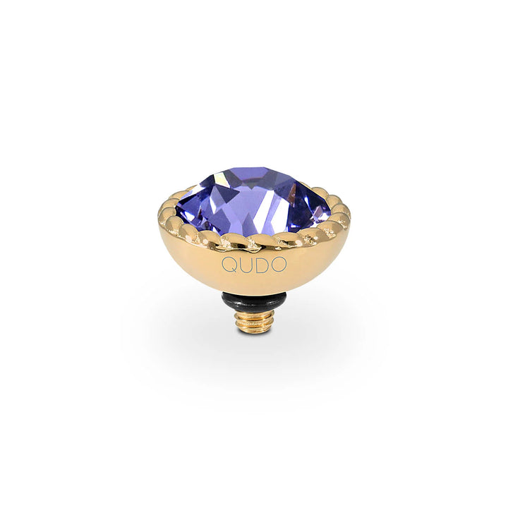 Gold stud earring with faceted purple European crystal, interchangeable top, "QUDO" etching. Available in multiple sizes.