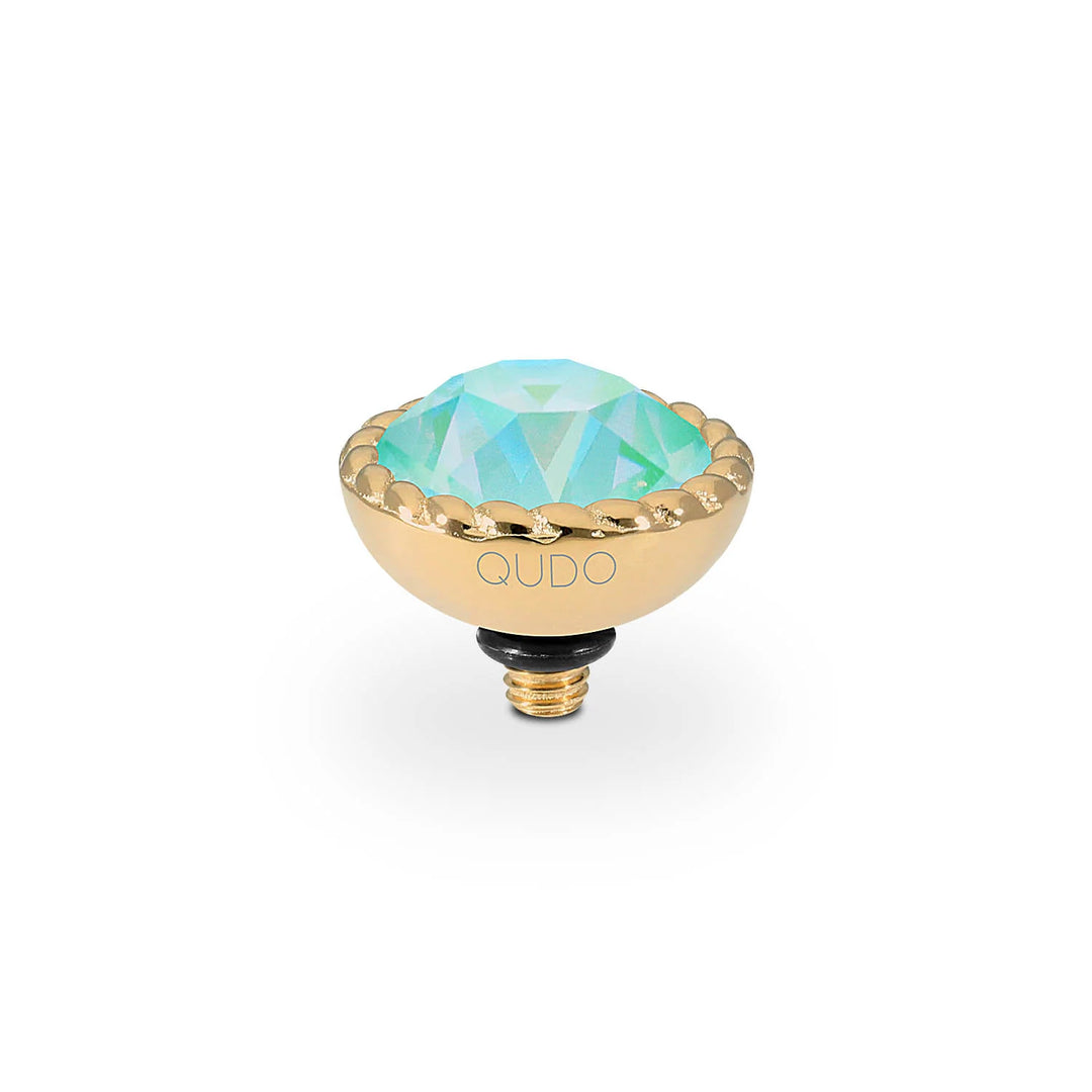 Gold screw-top with faceted iridescent blue-green crystal, "QUDO" engraving. Available in multiple sizes.