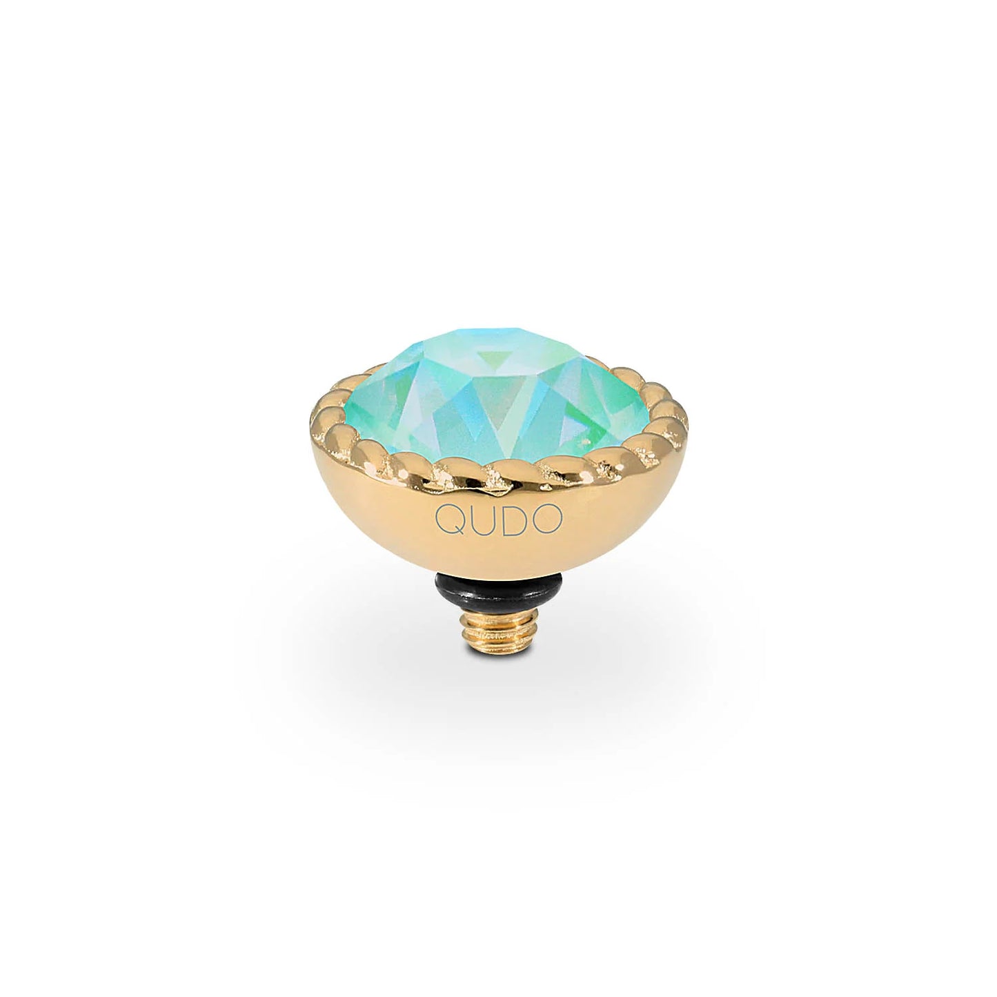 Gold screw-top with faceted iridescent blue-green crystal, "QUDO" engraving. Available in multiple sizes.