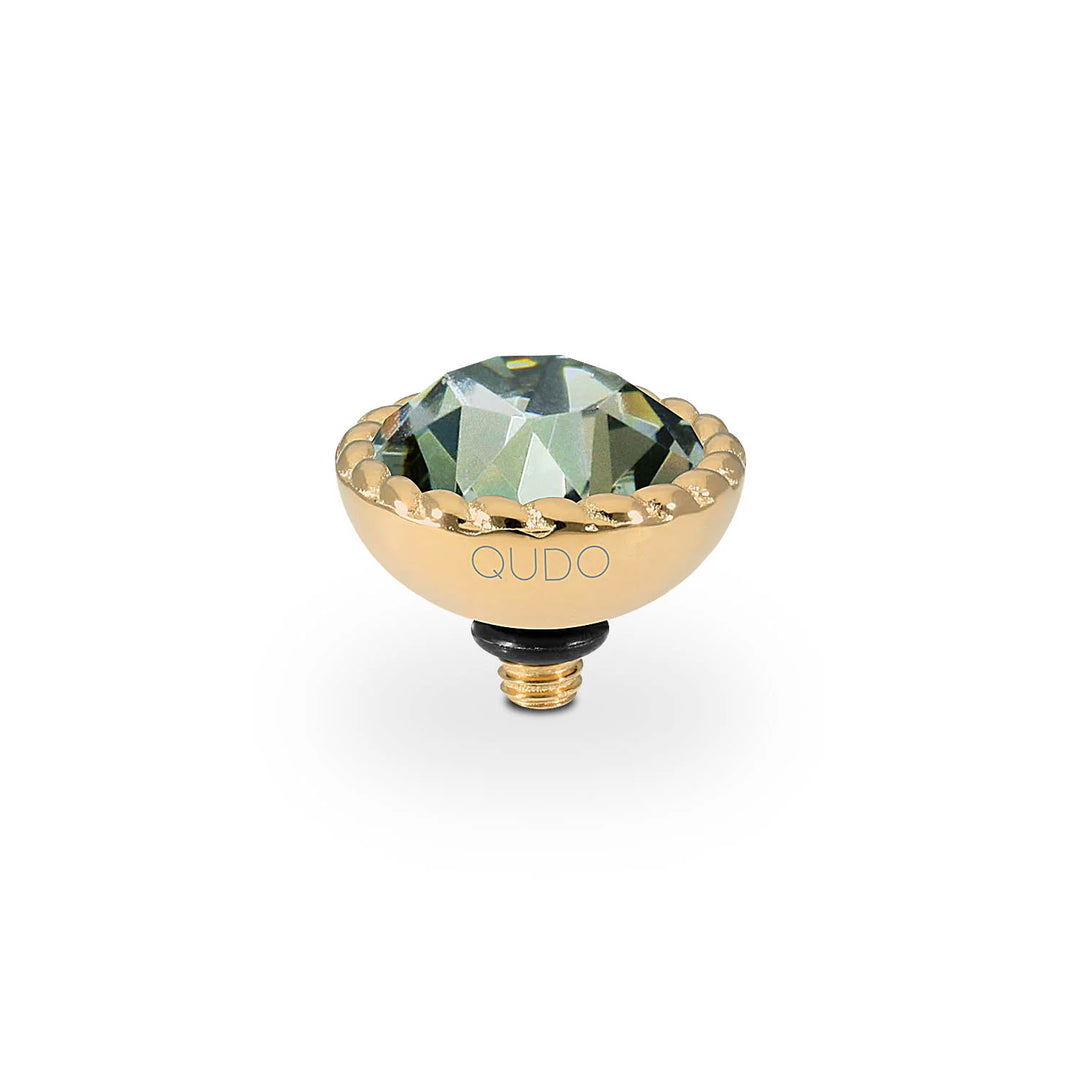Gold-toned stud with faceted green crystal, scalloped edge, "QUDO" engraving, threaded base. Available in multiple sizes.