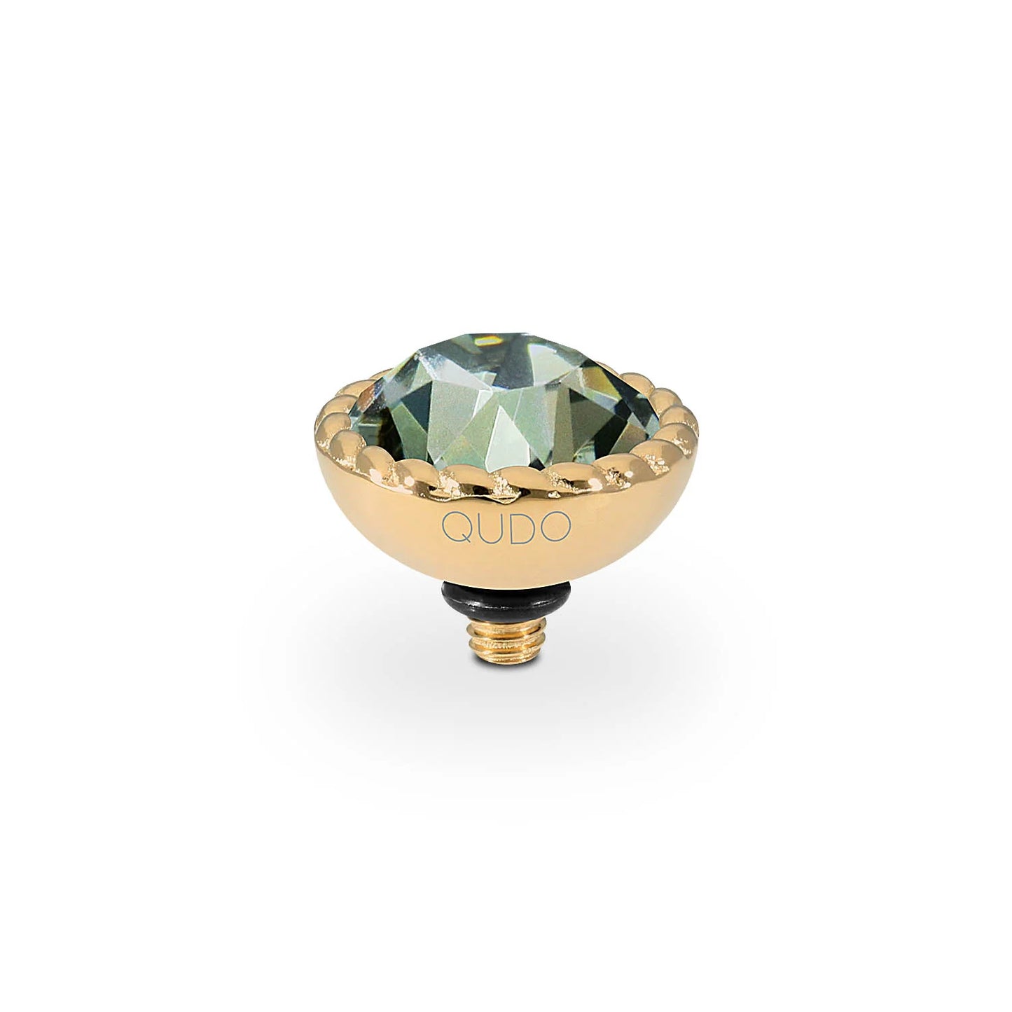 Gold-toned stud with faceted green crystal, scalloped edge, "QUDO" engraving, threaded base. Available in multiple sizes.