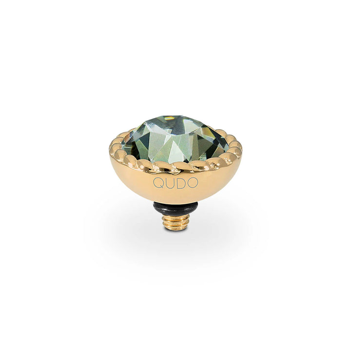Gold-toned stud with faceted green crystal, scalloped edge, "QUDO" engraving, threaded base. Available in multiple sizes.