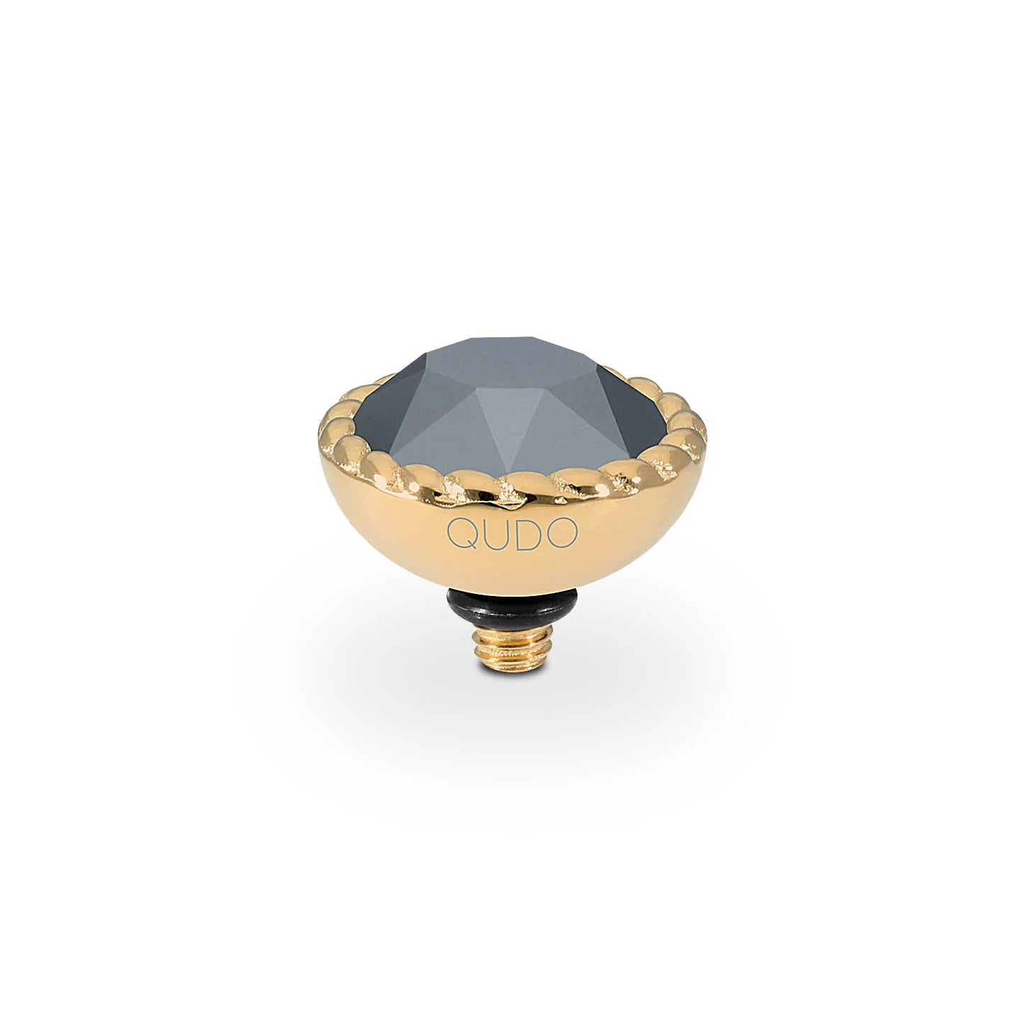 Gold and black faceted round charm, "QUDO" on gold rim, threaded screw for interchangeable tops. Sizes: 10mm, 13mm.