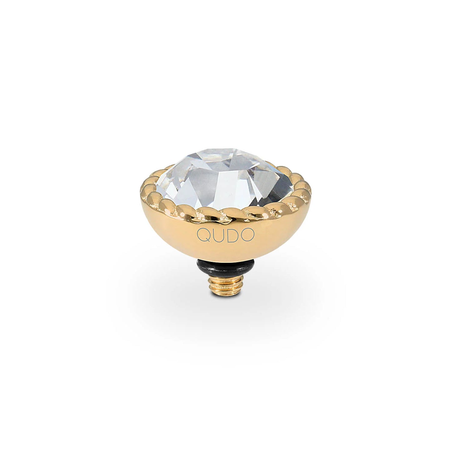 Gold screw-on charm with large faceted European crystal, "QUDO" engraving; available in multiple sizes.