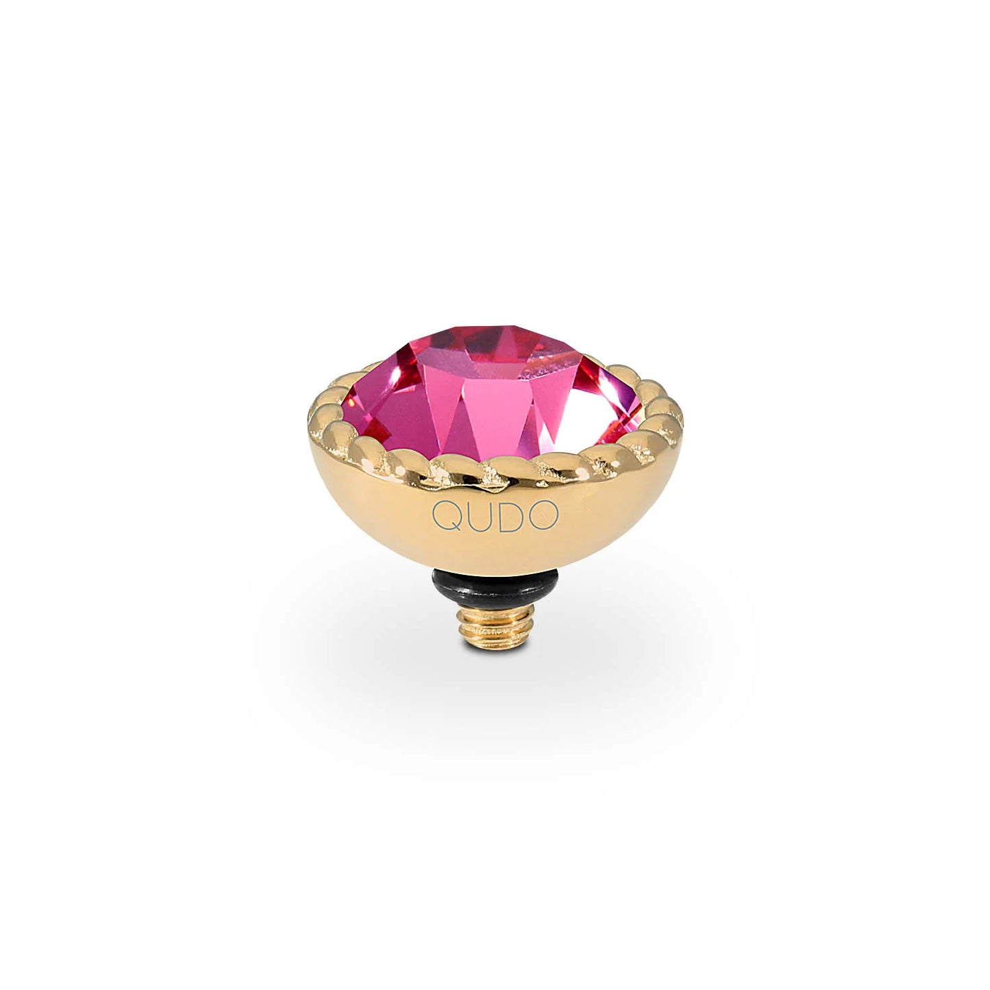 Gold screw-on QUDO charm with faceted pink crystal, "QUDO" side branding, interchangeable top. Available in multiple sizes.