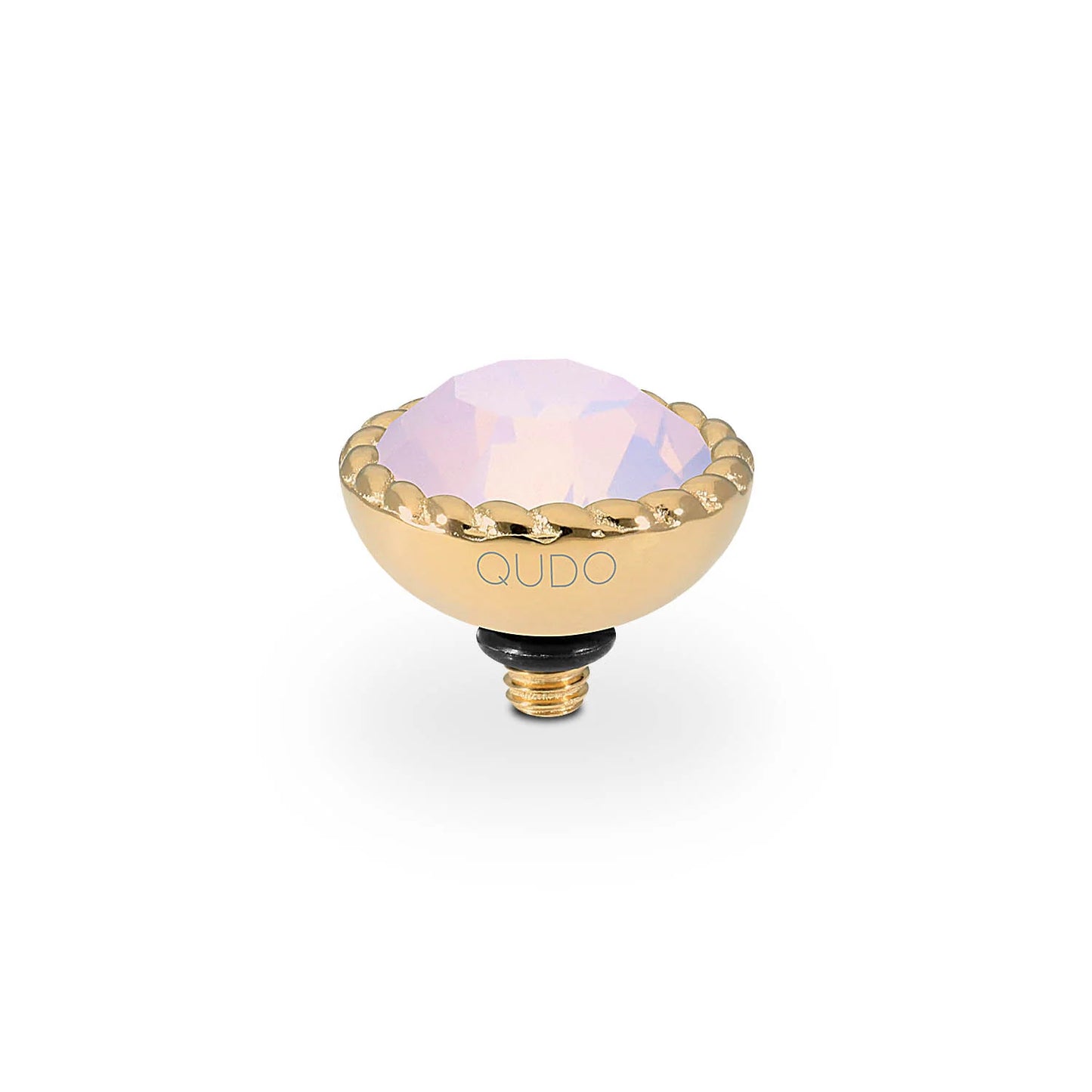 Gold, scalloped screw-on top with large faceted pale pink crystal and “QUDO” engraving. Available in 10mm and 13mm sizes.
