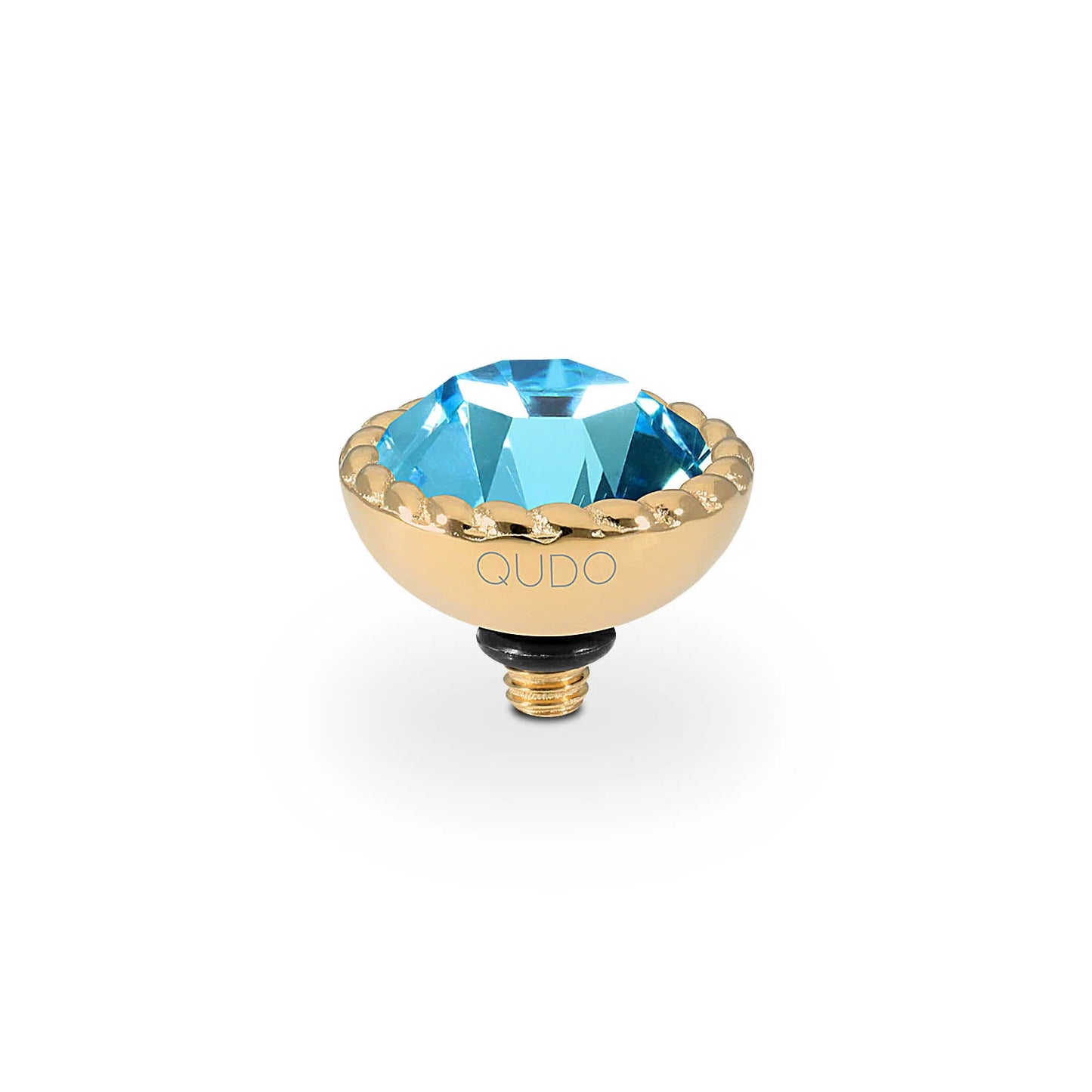 Gold-toned QUDO Bocconi charm with faceted blue crystal, logo on side, screw fitting. Available in sizes 10mm, 13mm.